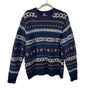 Schott Bros. Mens Wool Blend Fair Isle Sweater M Hand Crafted chunky Blue